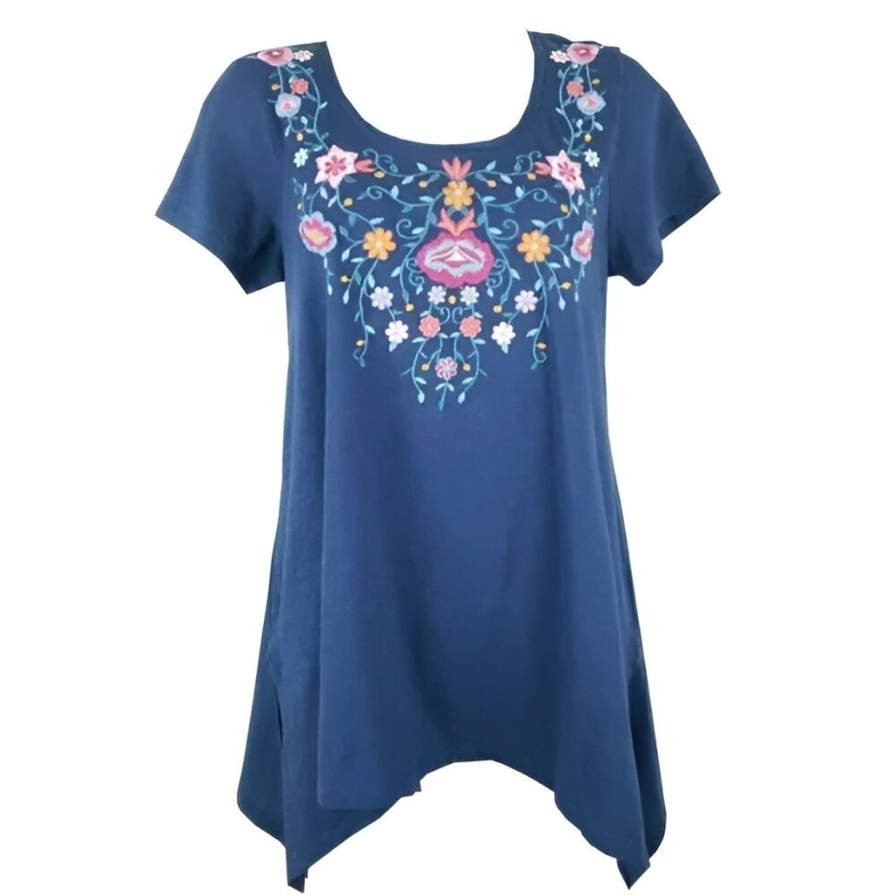 NWT Terre Embroidered Sharkbite Blue Cotton Tunic Oversized Swing Blouse Top S